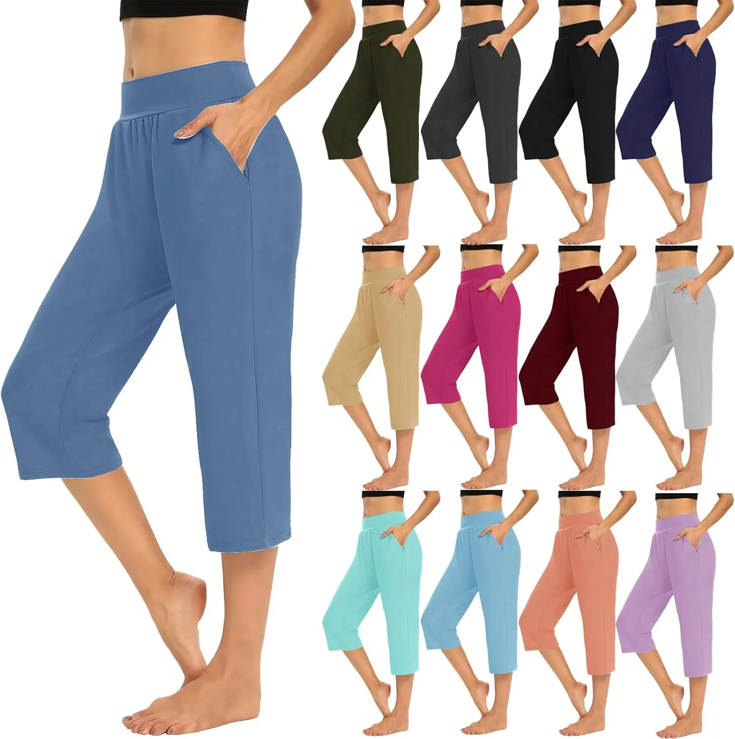 Womens Capris for Summer Elastic Waist Workout Sweatpants 2024 Casual Soft Comfy Yoga Jogger Capri Pants with Pockets
