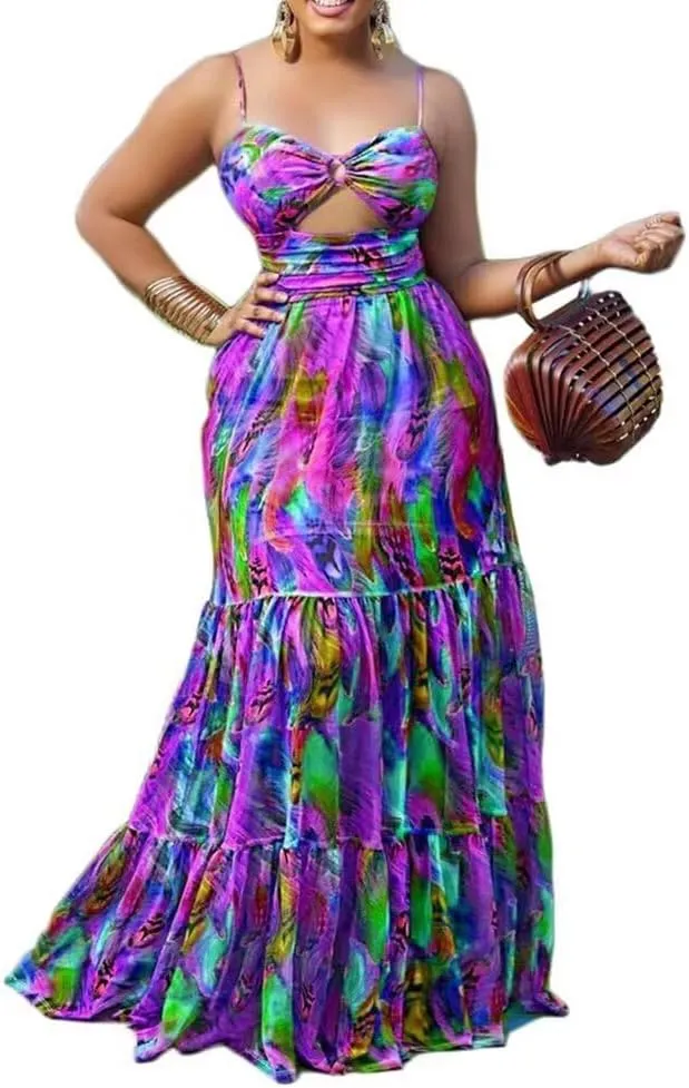Women's Casual Halter Sleeveless Pleated Long Maxi Dress Backless Loose Ombre Summer Beach Chiffon Flowy Sundress