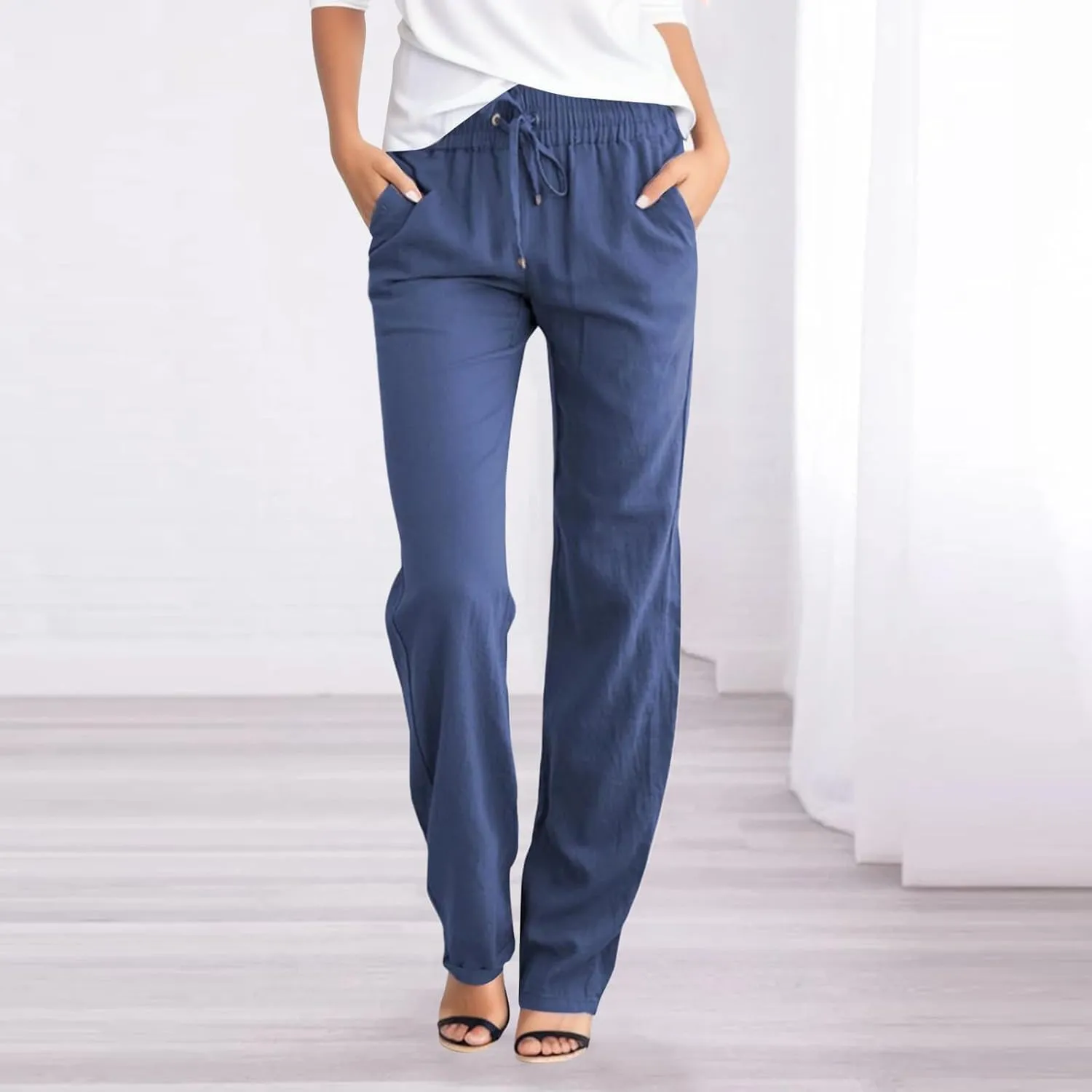 Womens Casual Linen High Waist Pants Drawstring Loose Fit Summer Pants Straight Leg Beach Trousers with Side Pockets