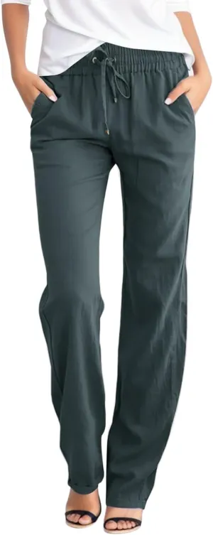 Womens Casual Linen High Waist Pants Drawstring Loose Fit Summer Pants Straight Leg Beach Trousers with Side Pockets
