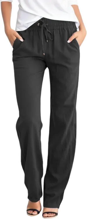 Womens Casual Linen High Waist Pants Drawstring Loose Fit Summer Pants Straight Leg Beach Trousers with Side Pockets