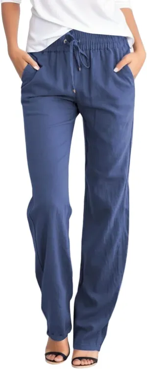 Womens Casual Linen High Waist Pants Drawstring Loose Fit Summer Pants Straight Leg Beach Trousers with Side Pockets