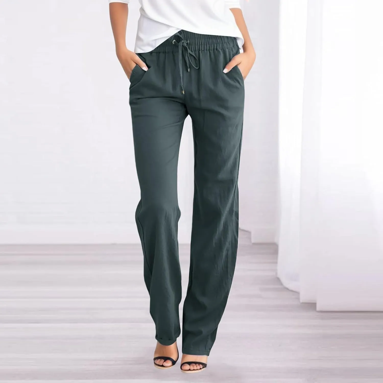 Womens Casual Linen High Waist Pants Drawstring Loose Fit Summer Pants Straight Leg Beach Trousers with Side Pockets
