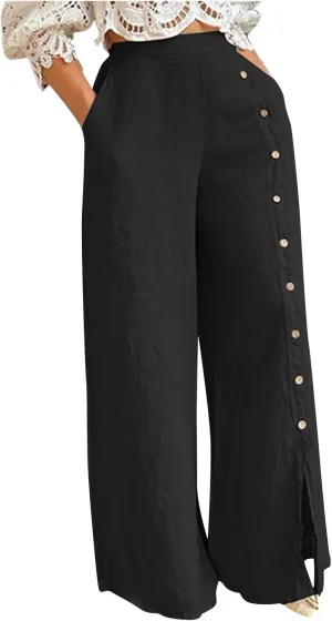 Womens Casual Solid Color Wide Leg Pants Summer High Waisted Elastic Waist Loose Lounge Trousers with Button Decor