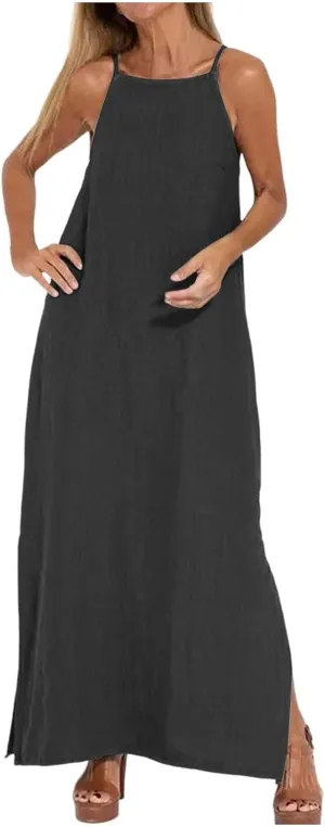 Womens Casual Strappy Sleeveless Beach Dresses High Neck Flowy Loose Long Maxi Dress Split Summer Cami Sundress