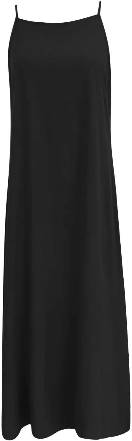 Womens Casual Strappy Sleeveless Beach Dresses High Neck Flowy Loose Long Maxi Dress Split Summer Cami Sundress