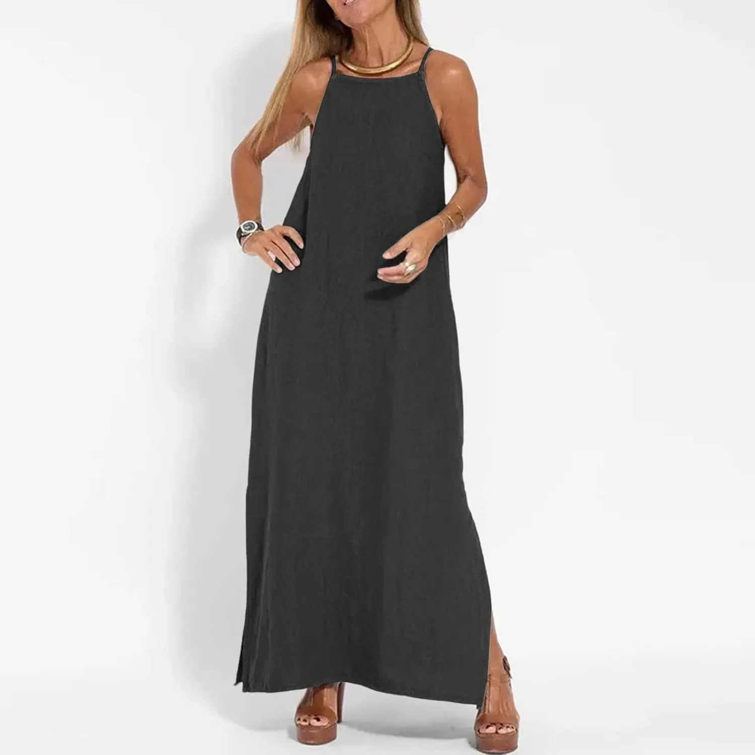 Womens Casual Strappy Sleeveless Beach Dresses High Neck Flowy Loose Long Maxi Dress Split Summer Cami Sundress