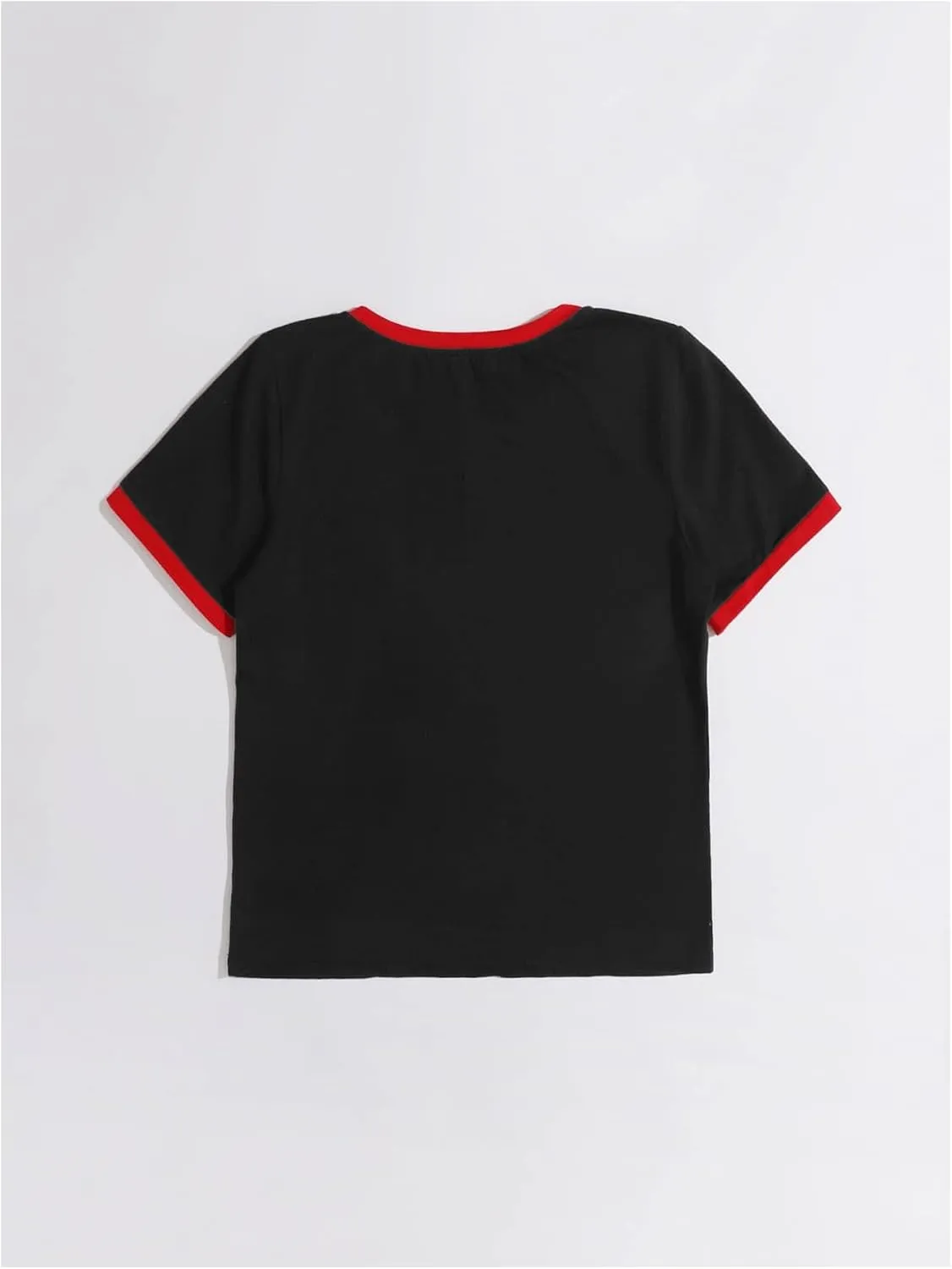 Women's Cherry Embroidery Print Shirt Contrast Color Neck Tee Short Sleeve Graphic Casual T Shirt Summer Tee Tops