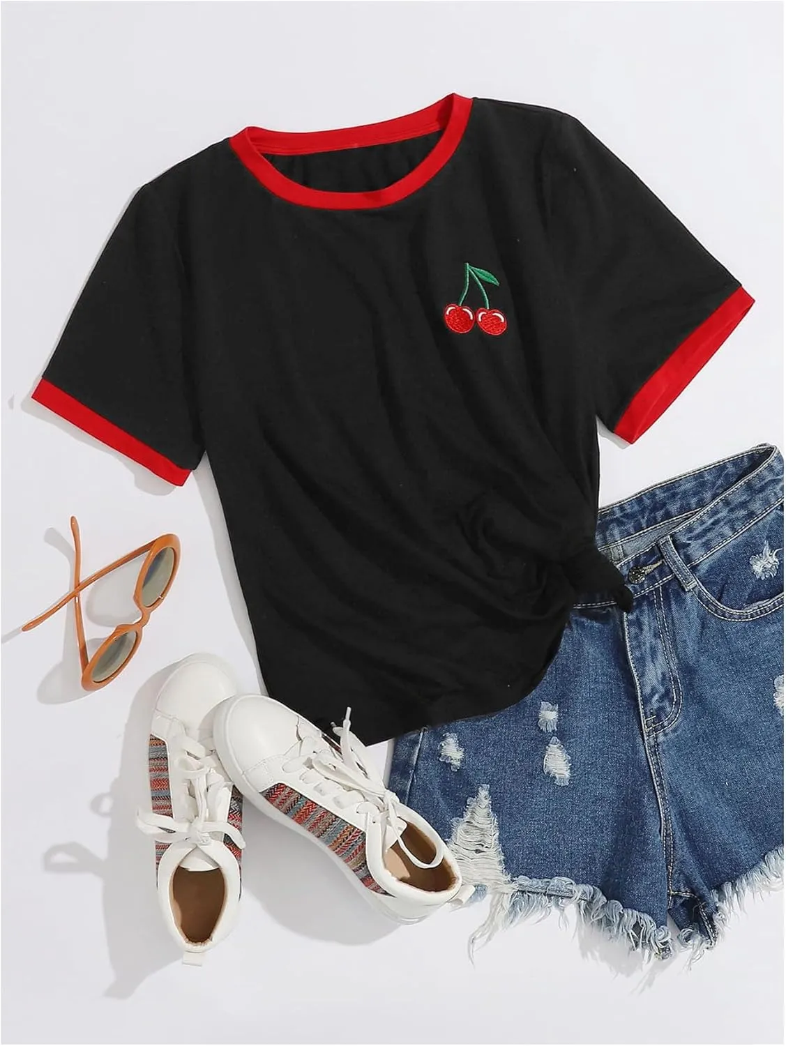 Women's Cherry Embroidery Print Shirt Contrast Color Neck Tee Short Sleeve Graphic Casual T Shirt Summer Tee Tops