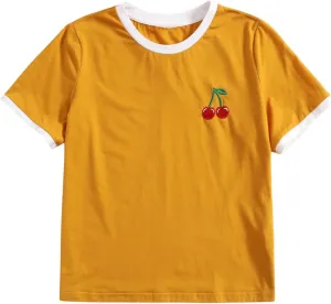 Women's Cherry Embroidery Print Shirt Contrast Color Neck Tee Short Sleeve Graphic Casual T Shirt Summer Tee Tops