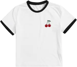 Women's Cherry Embroidery Print Shirt Contrast Color Neck Tee Short Sleeve Graphic Casual T Shirt Summer Tee Tops