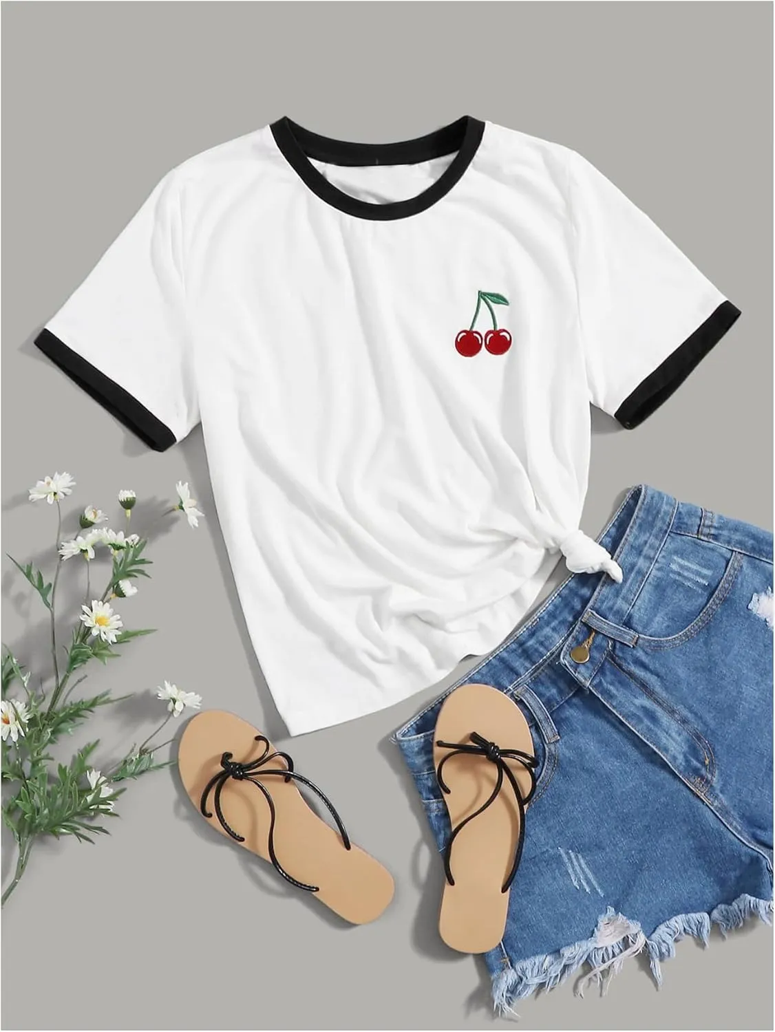 Women's Cherry Embroidery Print Shirt Contrast Color Neck Tee Short Sleeve Graphic Casual T Shirt Summer Tee Tops