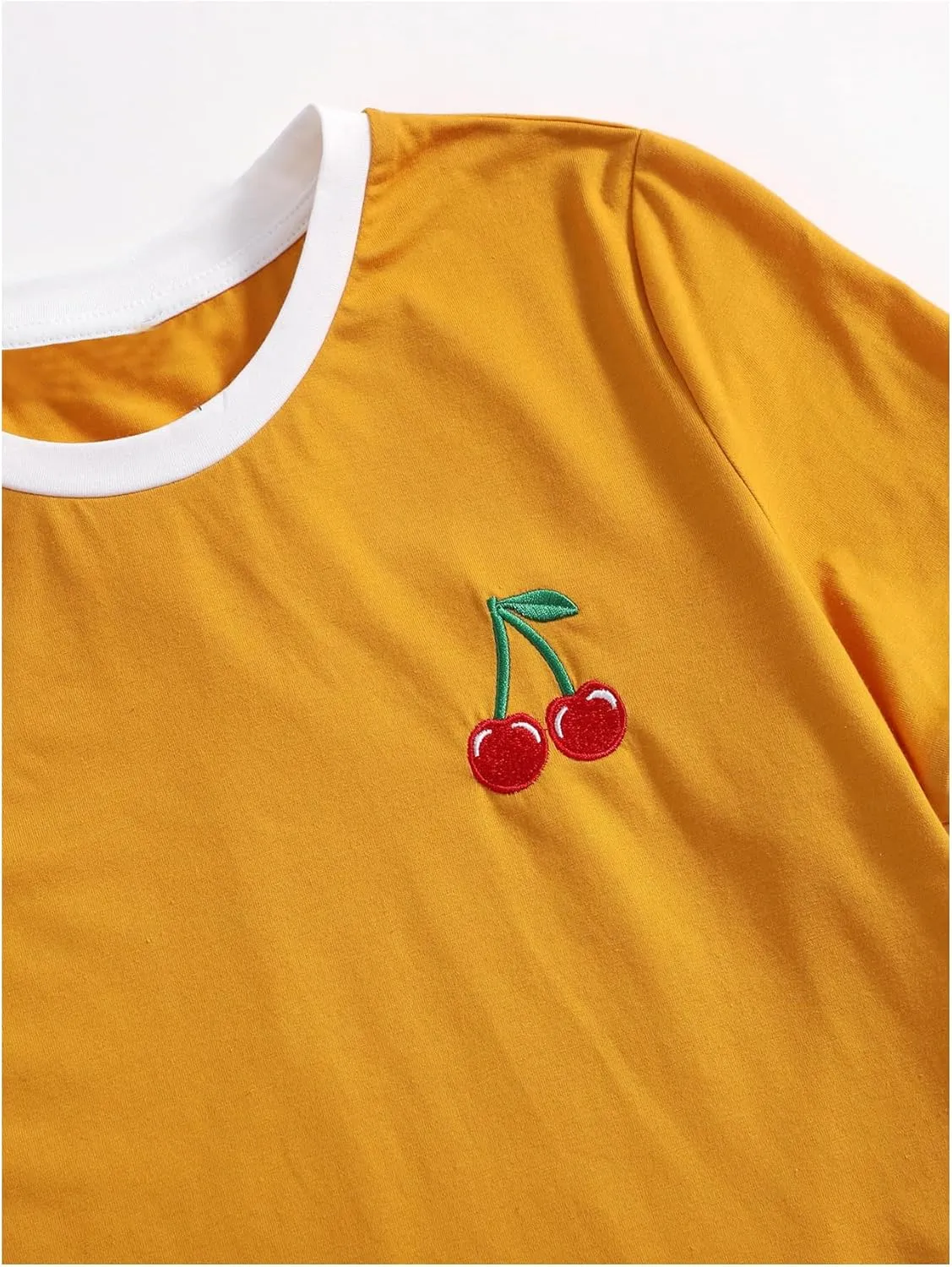 Women's Cherry Embroidery Print Shirt Contrast Color Neck Tee Short Sleeve Graphic Casual T Shirt Summer Tee Tops