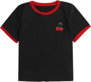 Women's Cherry Embroidery Print Shirt Contrast Color Neck Tee Short Sleeve Graphic Casual T Shirt Summer Tee Tops