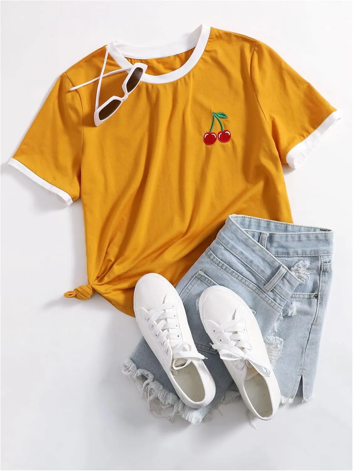 Women's Cherry Embroidery Print Shirt Contrast Color Neck Tee Short Sleeve Graphic Casual T Shirt Summer Tee Tops