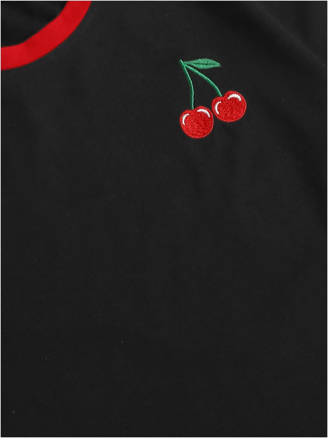 Women's Cherry Embroidery Print Shirt Contrast Color Neck Tee Short Sleeve Graphic Casual T Shirt Summer Tee Tops