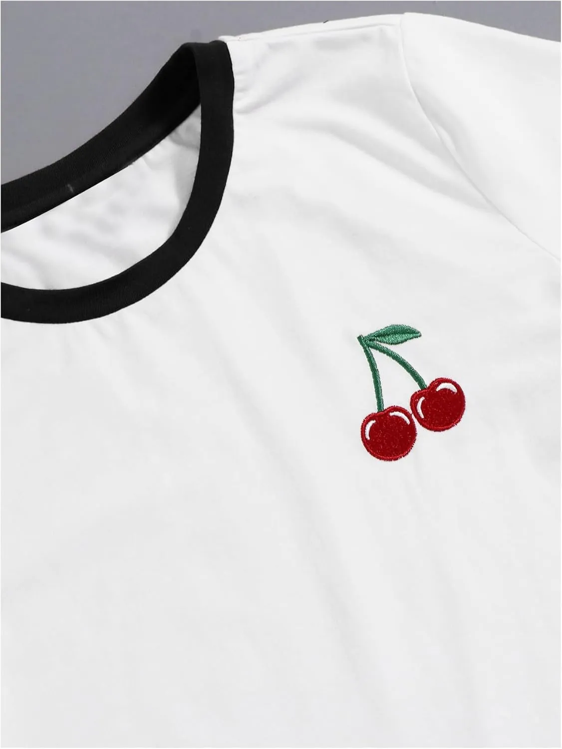 Women's Cherry Embroidery Print Shirt Contrast Color Neck Tee Short Sleeve Graphic Casual T Shirt Summer Tee Tops