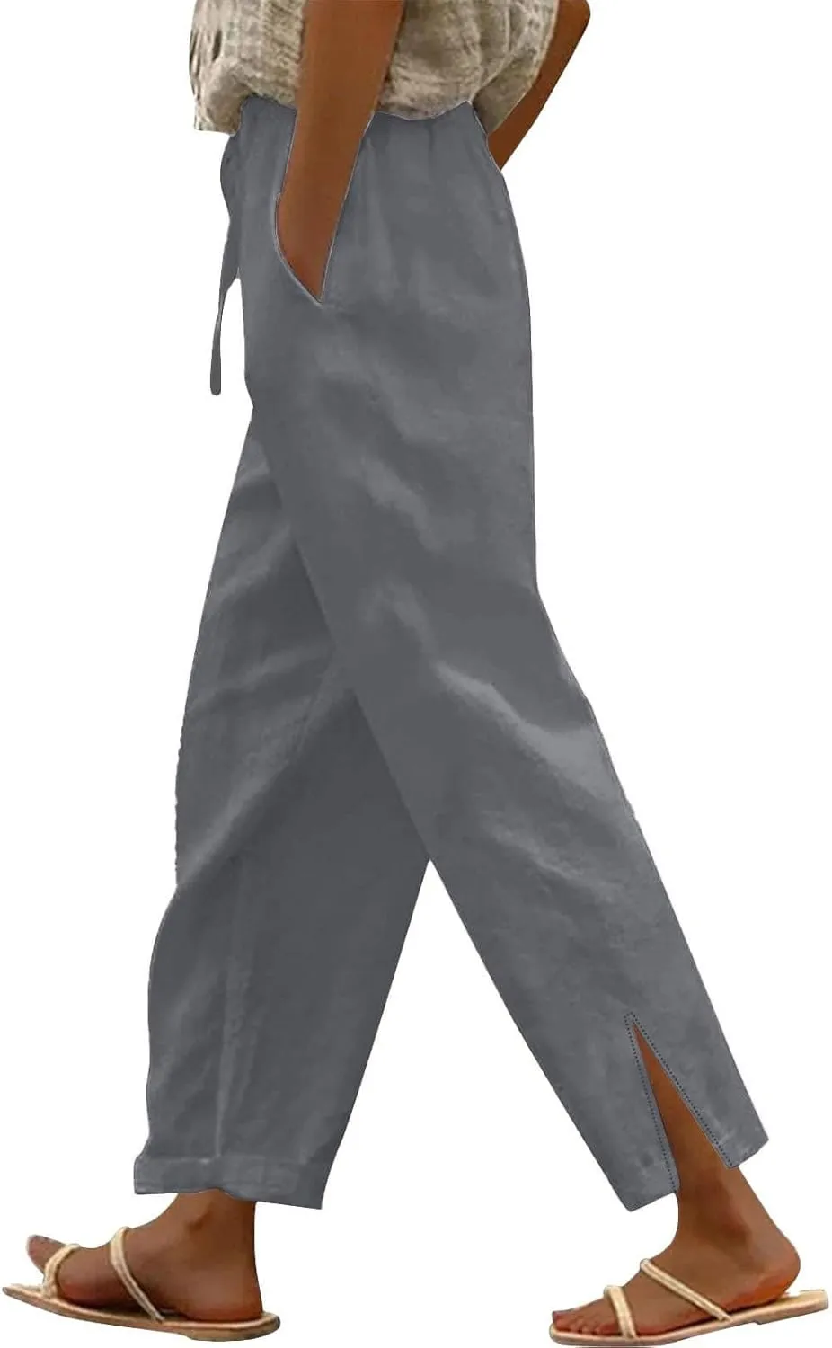 Women's Cotton Linen Drawstring High Waisted Pants Lounge Beach Summer Palazzo Casual Loose Fit Wide Leg Trousers