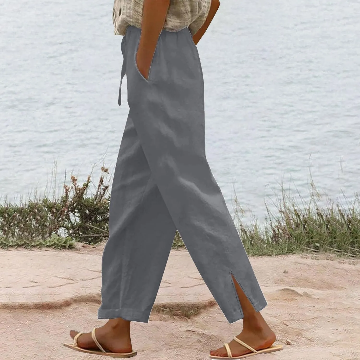 Women's Cotton Linen Drawstring High Waisted Pants Lounge Beach Summer Palazzo Casual Loose Fit Wide Leg Trousers