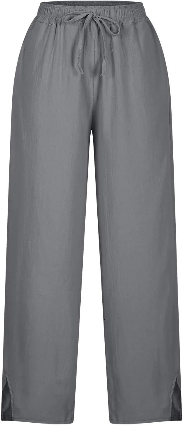 Women's Cotton Linen Drawstring High Waisted Pants Lounge Beach Summer Palazzo Casual Loose Fit Wide Leg Trousers