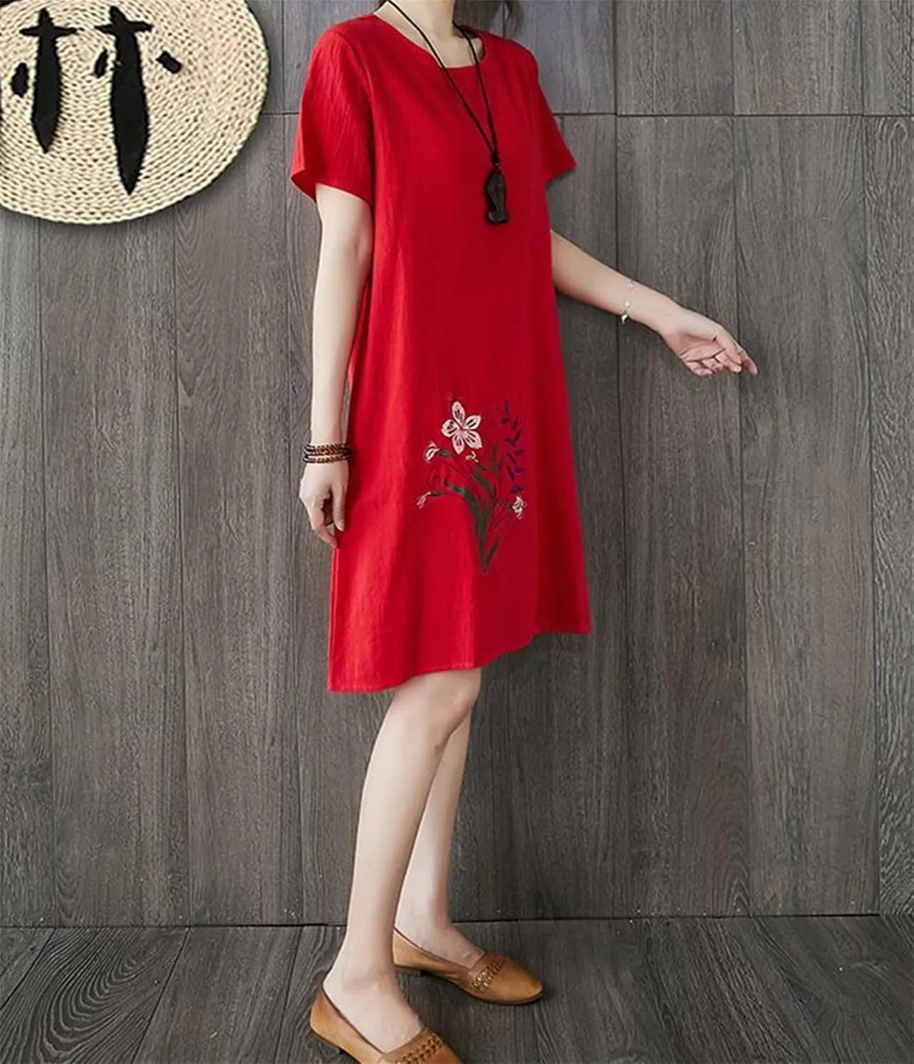 Womens Cotton Linen Floral Embroidered Plus Size Midi Dress Crew Neck Short Sleeve Casual Loose Dress with Pockets