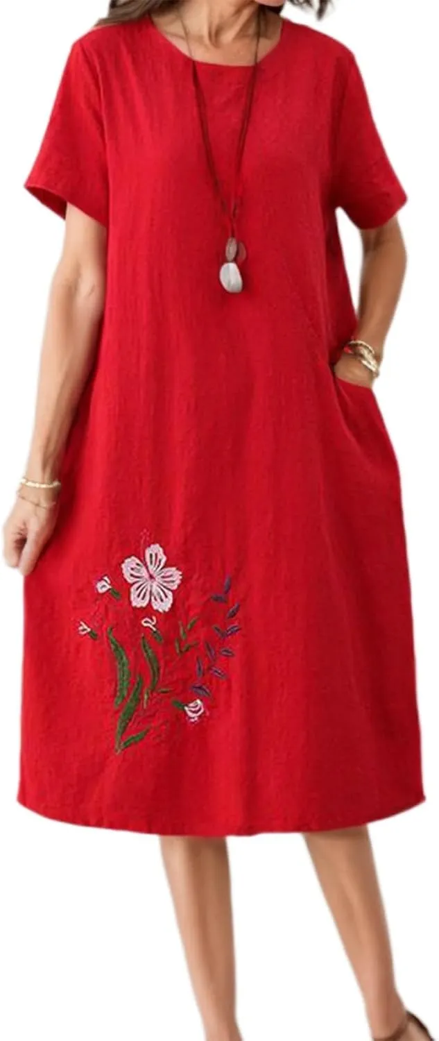 Womens Cotton Linen Floral Embroidered Plus Size Midi Dress Crew Neck Short Sleeve Casual Loose Dress with Pockets