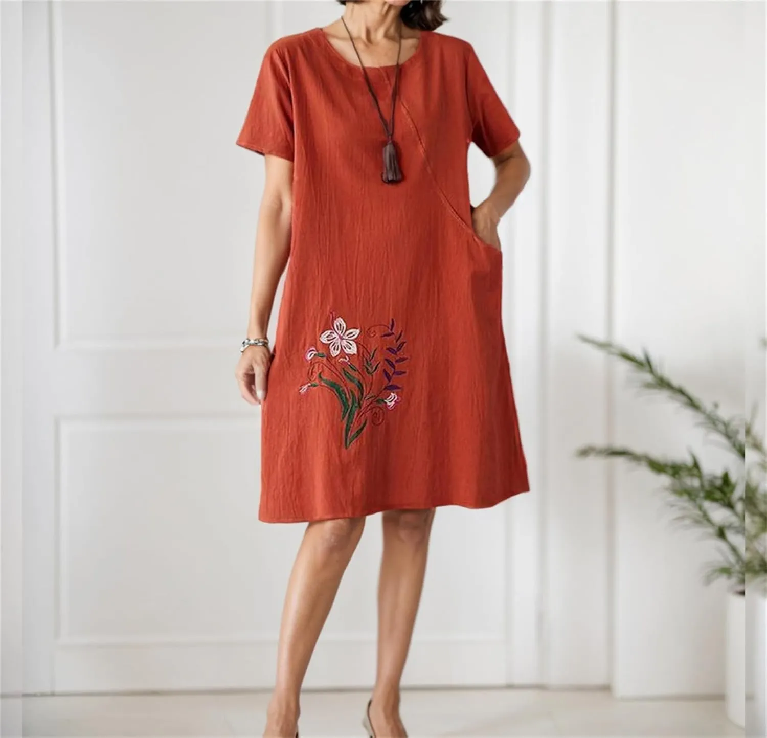 Womens Cotton Linen Floral Embroidered Plus Size Midi Dress Crew Neck Short Sleeve Casual Loose Dress with Pockets