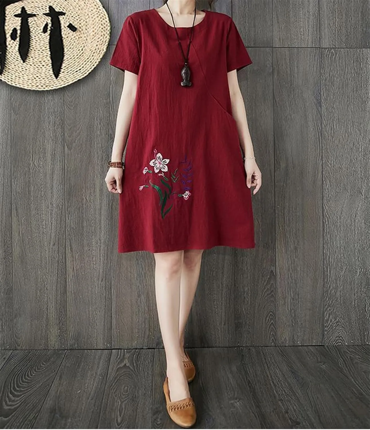 Womens Cotton Linen Floral Embroidered Plus Size Midi Dress Crew Neck Short Sleeve Casual Loose Dress with Pockets