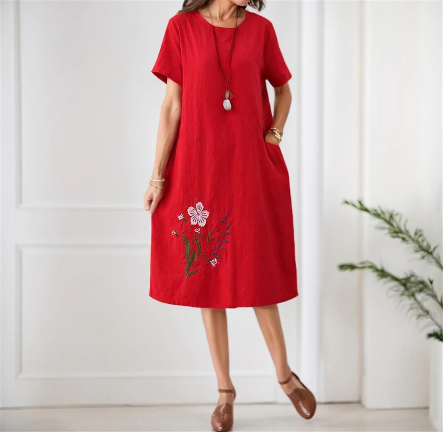 Womens Cotton Linen Floral Embroidered Plus Size Midi Dress Crew Neck Short Sleeve Casual Loose Dress with Pockets