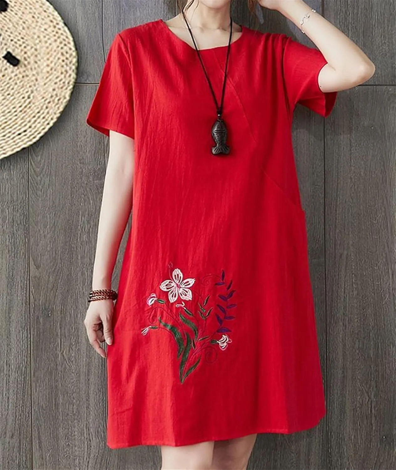 Womens Cotton Linen Floral Embroidered Plus Size Midi Dress Crew Neck Short Sleeve Casual Loose Dress with Pockets