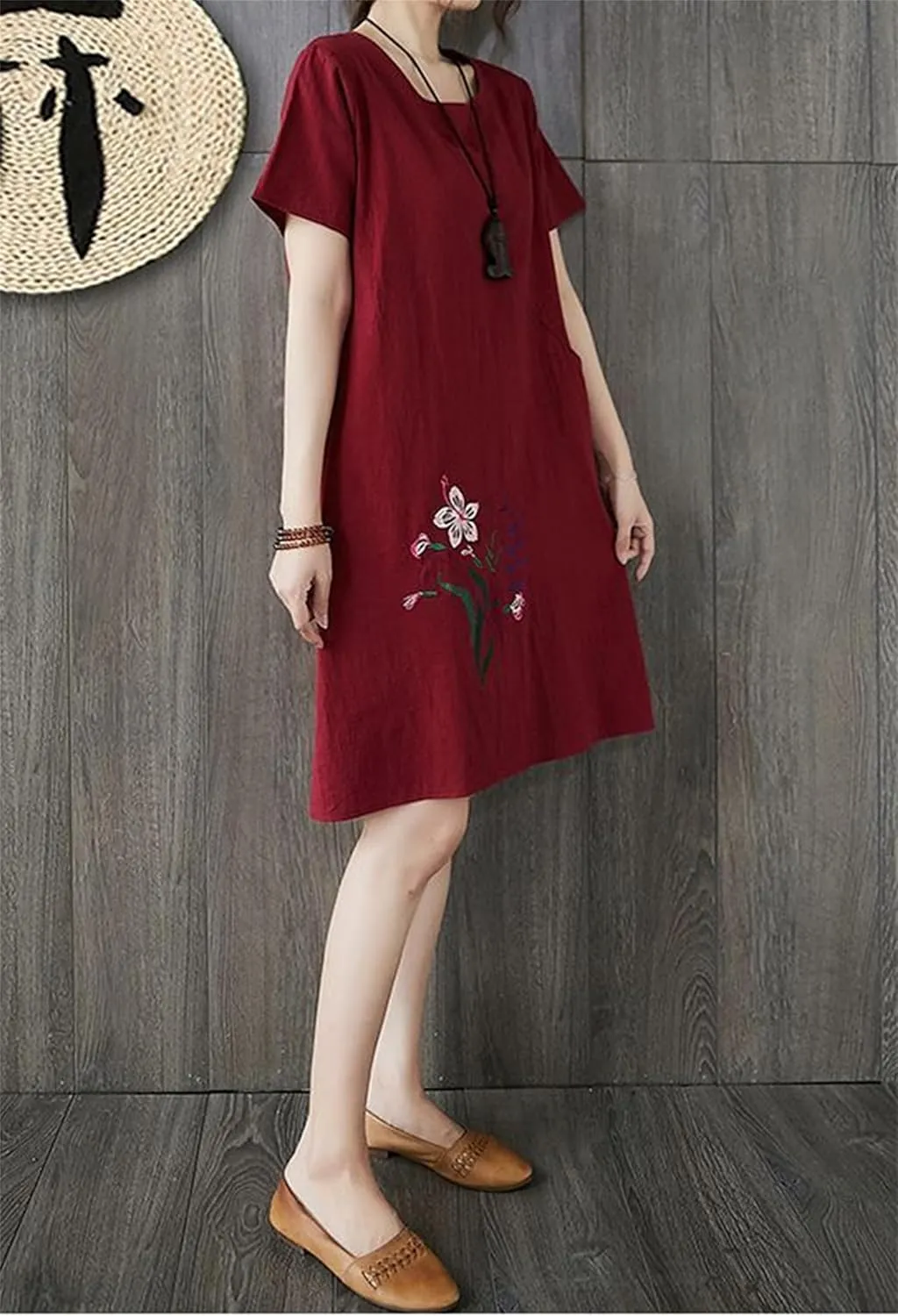 Womens Cotton Linen Floral Embroidered Plus Size Midi Dress Crew Neck Short Sleeve Casual Loose Dress with Pockets