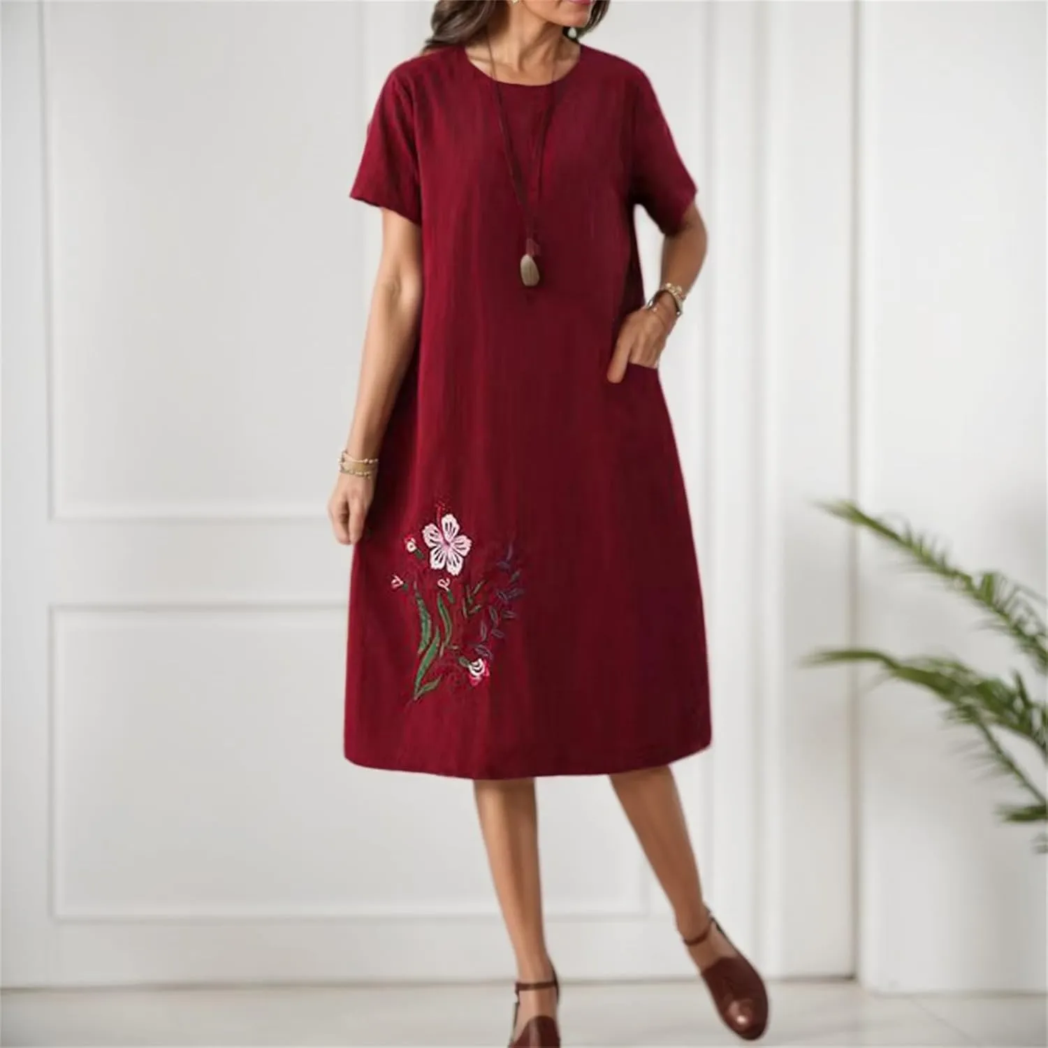 Womens Cotton Linen Floral Embroidered Plus Size Midi Dress Crew Neck Short Sleeve Casual Loose Dress with Pockets