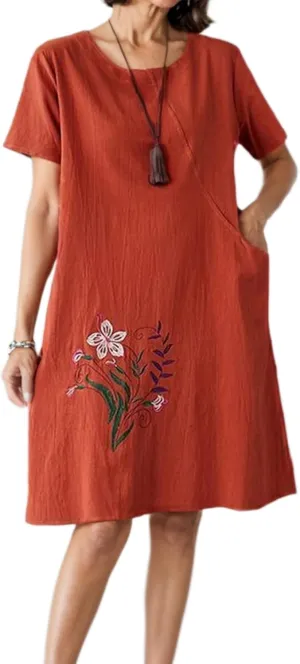 Womens Cotton Linen Floral Embroidered Plus Size Midi Dress Crew Neck Short Sleeve Casual Loose Dress with Pockets