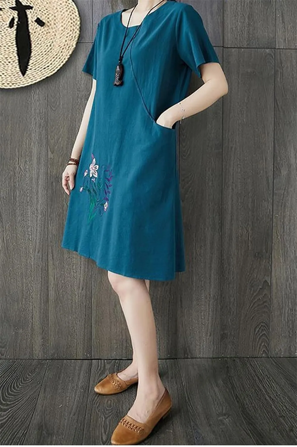 Womens Cotton Linen Floral Embroidered Plus Size Midi Dress Crew Neck Short Sleeve Casual Loose Dress with Pockets