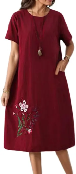 Womens Cotton Linen Floral Embroidered Plus Size Midi Dress Crew Neck Short Sleeve Casual Loose Dress with Pockets