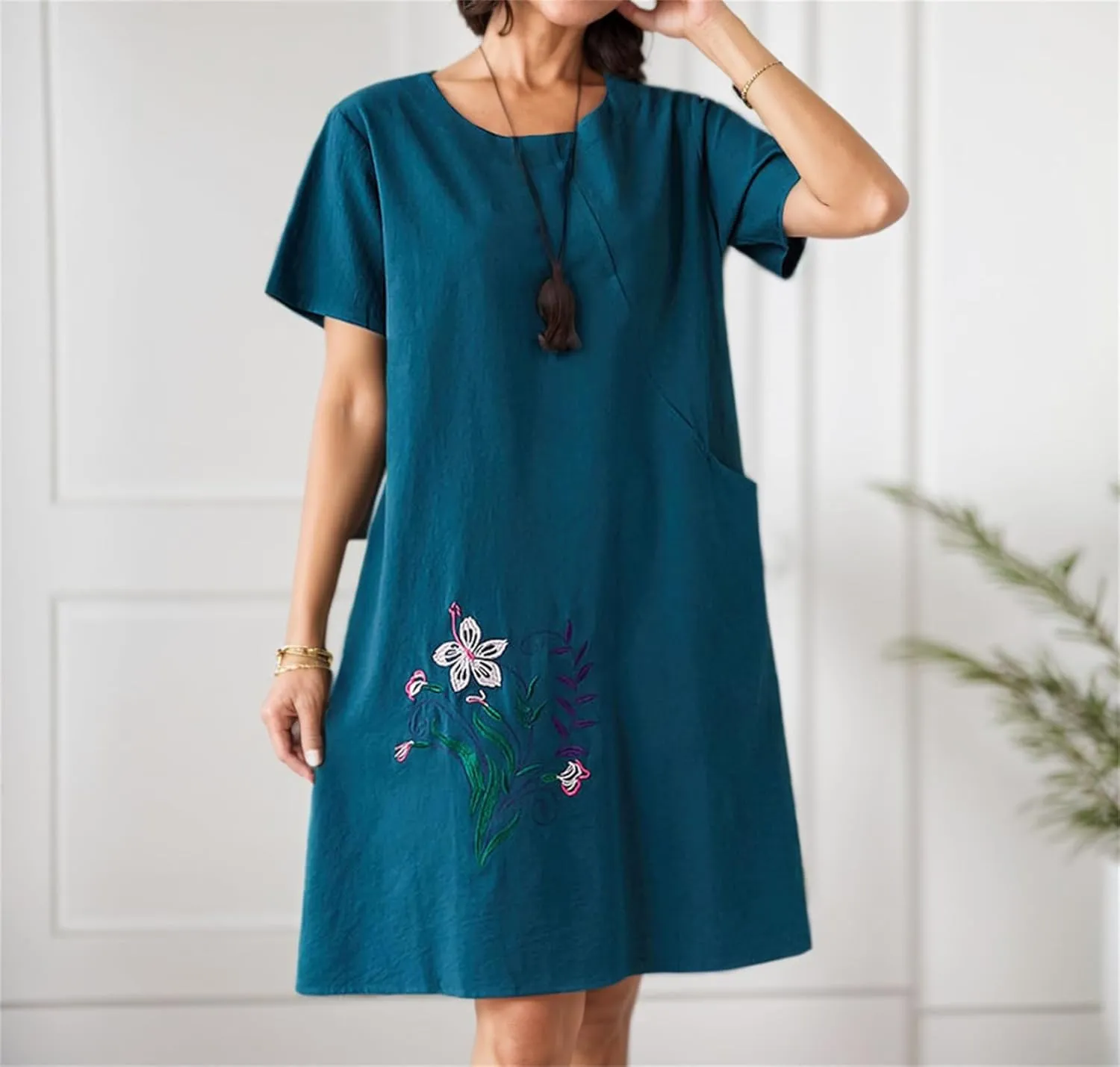 Womens Cotton Linen Floral Embroidered Plus Size Midi Dress Crew Neck Short Sleeve Casual Loose Dress with Pockets