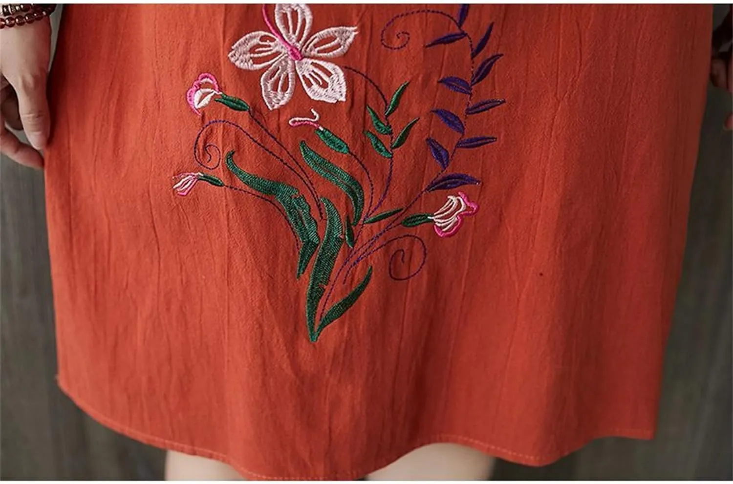 Womens Cotton Linen Floral Embroidered Plus Size Midi Dress Crew Neck Short Sleeve Casual Loose Dress with Pockets