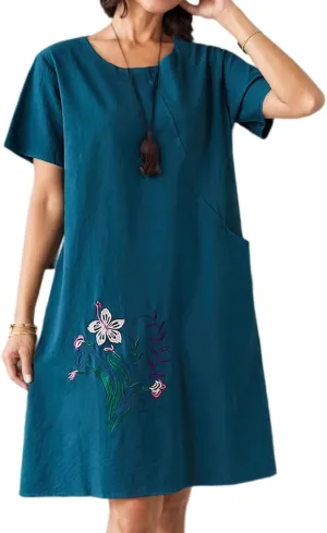 Womens Cotton Linen Floral Embroidered Plus Size Midi Dress Crew Neck Short Sleeve Casual Loose Dress with Pockets