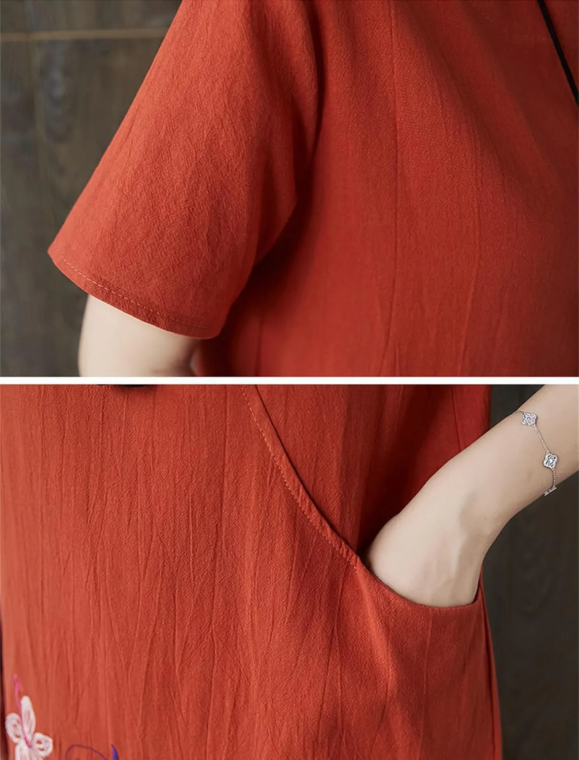 Womens Cotton Linen Floral Embroidered Plus Size Midi Dress Crew Neck Short Sleeve Casual Loose Dress with Pockets