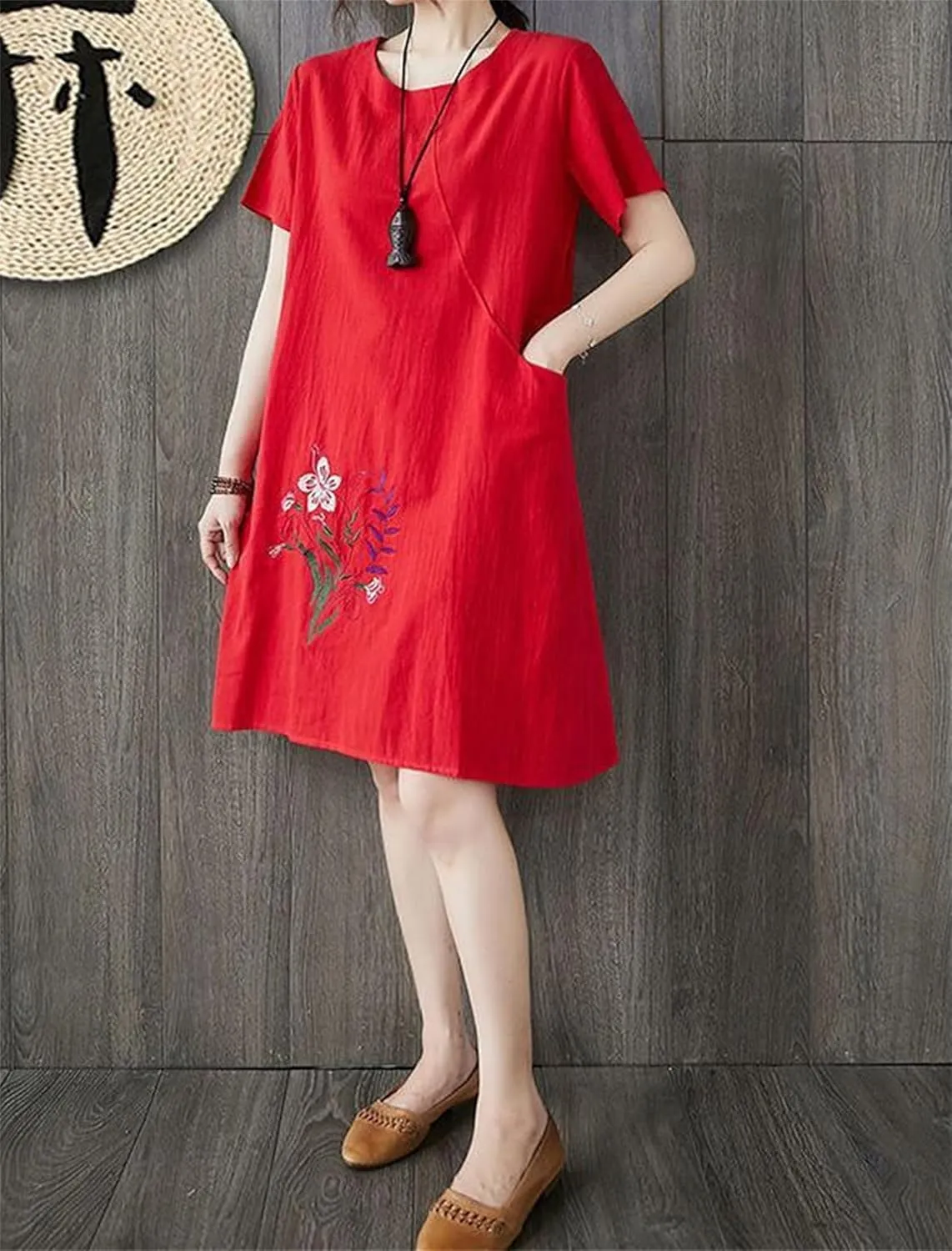 Womens Cotton Linen Floral Embroidered Plus Size Midi Dress Crew Neck Short Sleeve Casual Loose Dress with Pockets