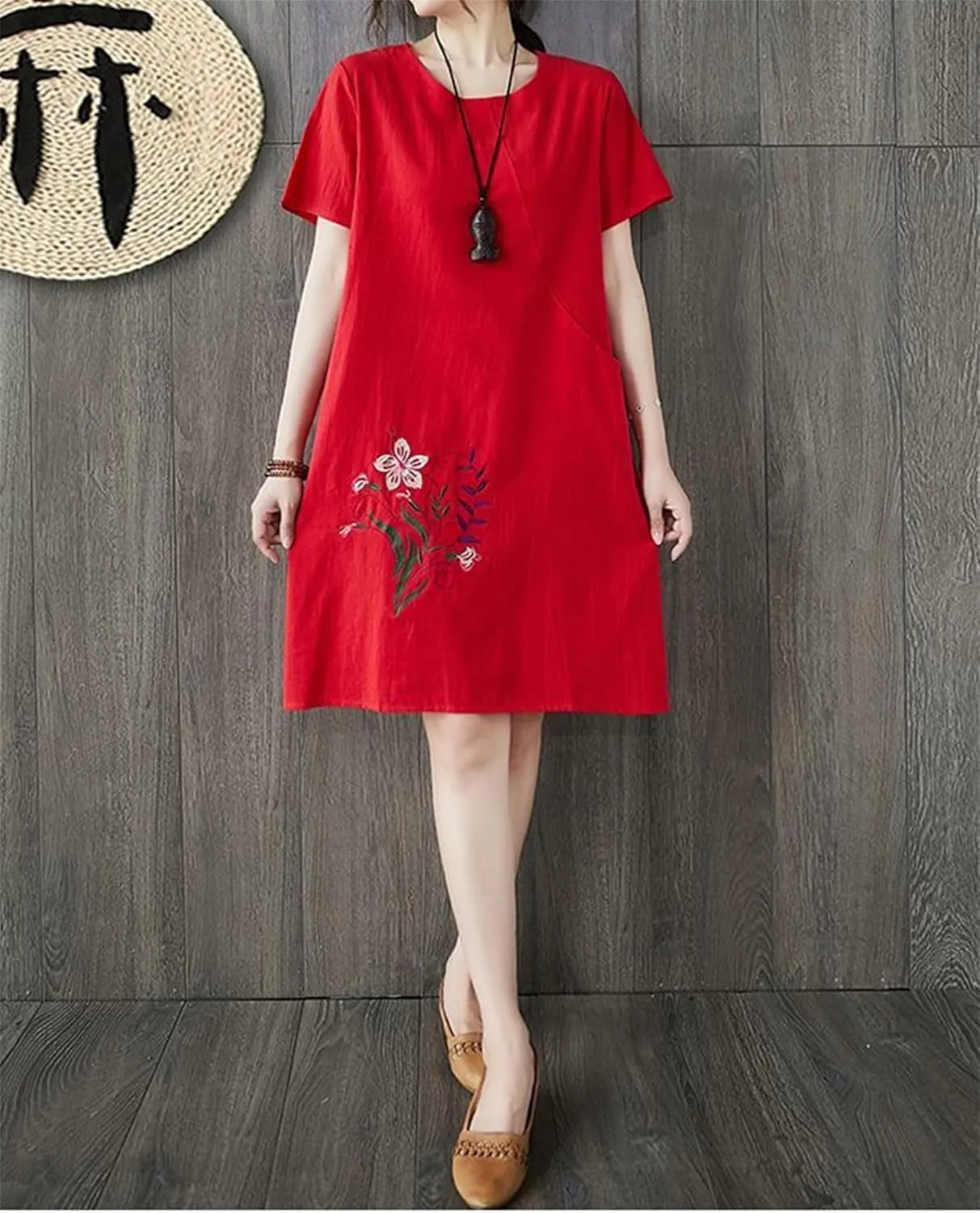 Womens Cotton Linen Floral Embroidered Plus Size Midi Dress Crew Neck Short Sleeve Casual Loose Dress with Pockets