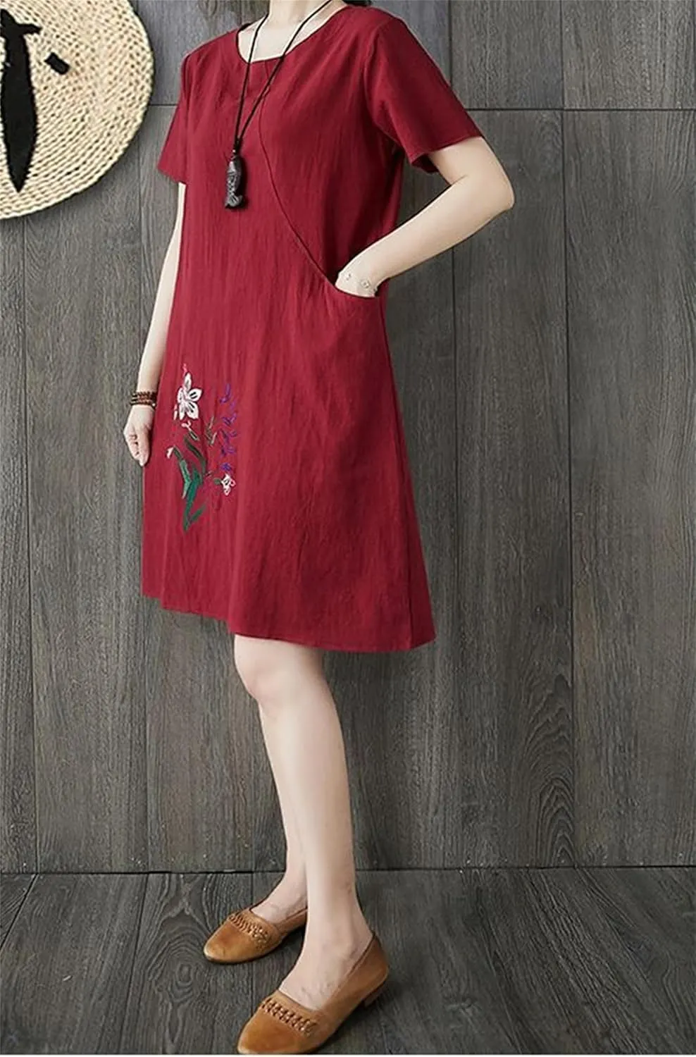 Womens Cotton Linen Floral Embroidered Plus Size Midi Dress Crew Neck Short Sleeve Casual Loose Dress with Pockets