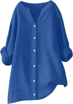Womens Cotton Linen Tunic Tops Boho Peasant Summer Tops Long Sleeve Button Down Shirts Blouse Dressy Casual Clothing