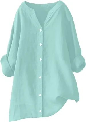 Womens Cotton Linen Tunic Tops Boho Peasant Summer Tops Long Sleeve Button Down Shirts Blouse Dressy Casual Clothing