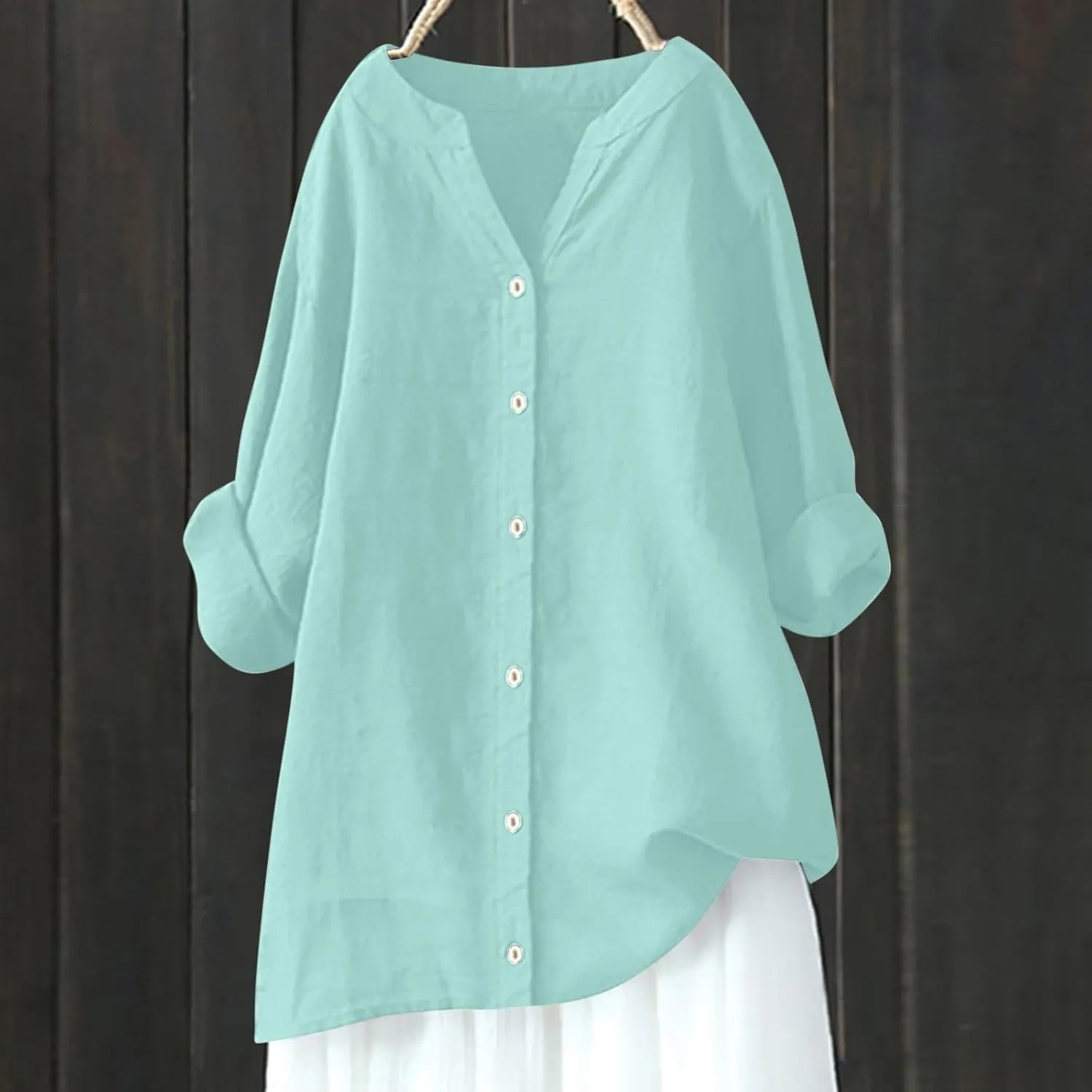 Womens Cotton Linen Tunic Tops Boho Peasant Summer Tops Long Sleeve Button Down Shirts Blouse Dressy Casual Clothing