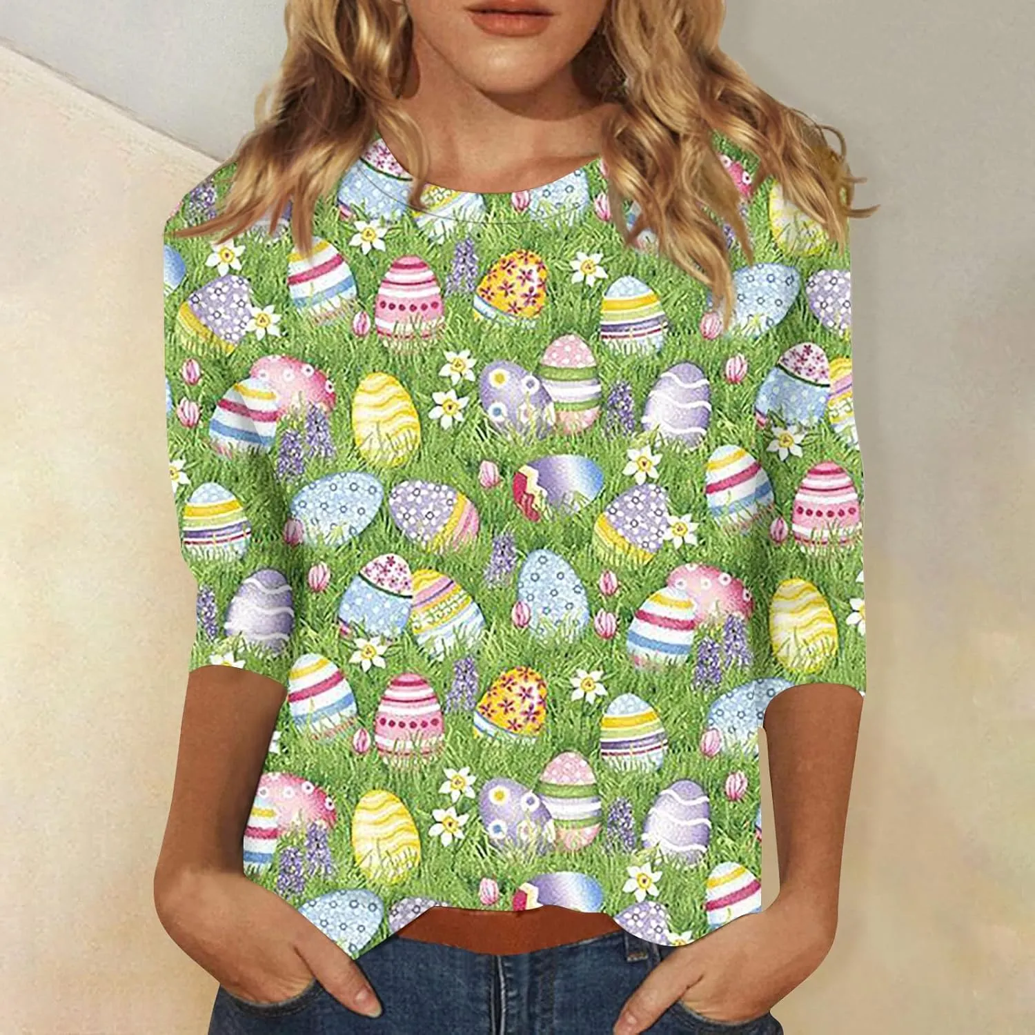 Womens Cute Bunny Rabbit Print T Shirt Happy Easter Graphic Tee 3/4 Length Sleeve Round Neck Blouse Casual Easter Top