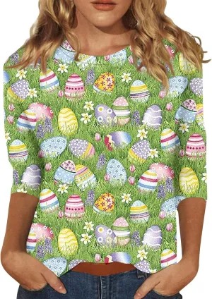 Womens Cute Bunny Rabbit Print T Shirt Happy Easter Graphic Tee 3/4 Length Sleeve Round Neck Blouse Casual Easter Top
