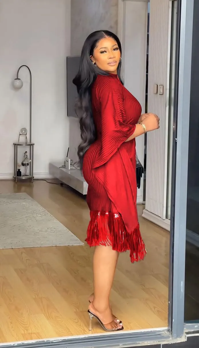 Womens Dresses Casual Midi Lenght Fringe Dress Plus Size Sequins Batwing Sleeve Tassel Hem Wrap Dresses