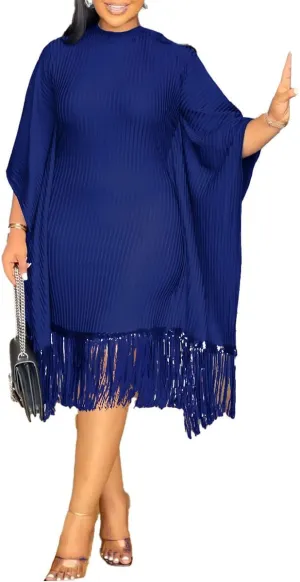 Womens Dresses Casual Midi Lenght Fringe Dress Plus Size Sequins Batwing Sleeve Tassel Hem Wrap Dresses