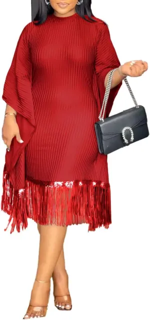 Womens Dresses Casual Midi Lenght Fringe Dress Plus Size Sequins Batwing Sleeve Tassel Hem Wrap Dresses